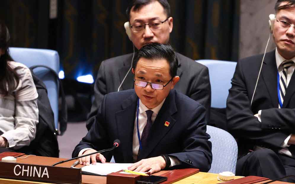 Imagen del representante permanente de China ante la ONU durante su intervención en el Consejo de Seguridad.