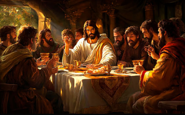 Jesús comparte el pan y el vino, instaurando la Eucaristía como símbolo de su cuerpo y sangre.