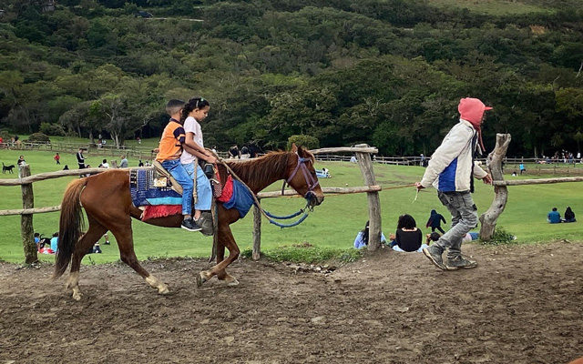 Visitantes disfrutan de un paseo a caballo en las Lomas de Cubiro, rodeados de paisajes verdes y aire puro.