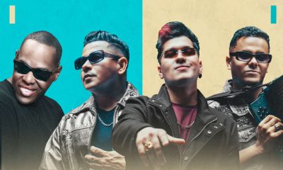 Los Inquietos del Vallenato y Magic Juan durante la grabación de "Se fue la tristeza".