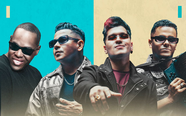 Los Inquietos del Vallenato y Magic Juan durante la grabación de "Se fue la tristeza".