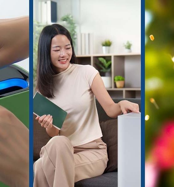 Purificador de aire con sensor inteligente ajustando su potencia tras detectar partículas de polen en el ambiente