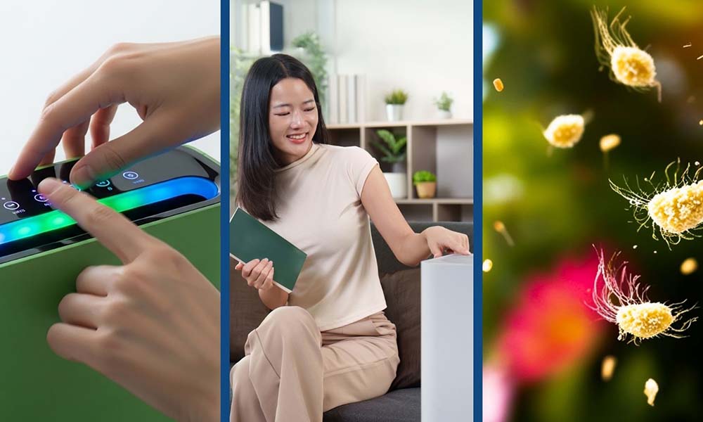 Purificador de aire con sensor inteligente ajustando su potencia tras detectar partículas de polen en el ambiente