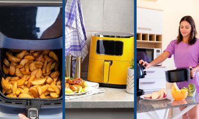 Freidora de aire de doble compartimento preparando una cena completa baja en grasas y rica en nutrientes