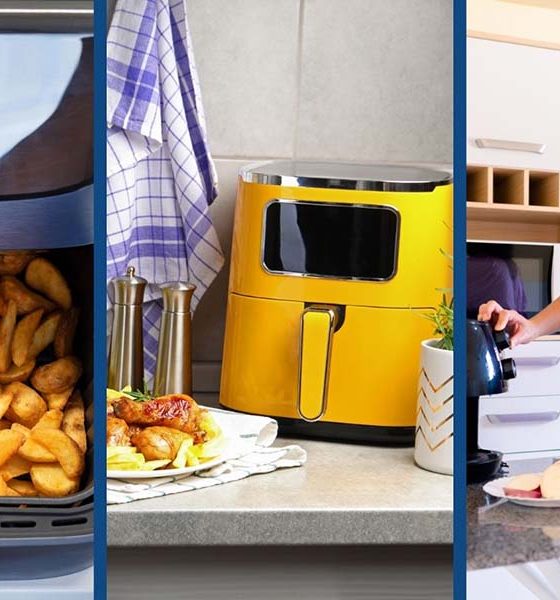 Freidora de aire de doble compartimento preparando una cena completa baja en grasas y rica en nutrientes