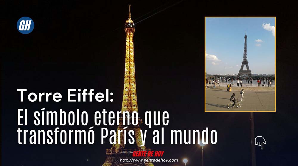 Vista nocturna de la Torre Eiffel iluminada sobre el horizonte de París. Su estructura de hierro forjado refleja el genio de Gustave Eiffel y el esfuerzo colectivo de 300 obreros.