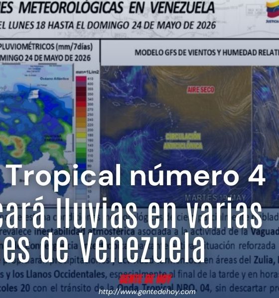 Mapa meteorológico difundido por el Inameh muestra el avance de la Onda Tropical número 4 sobre el territorio venezolano.
