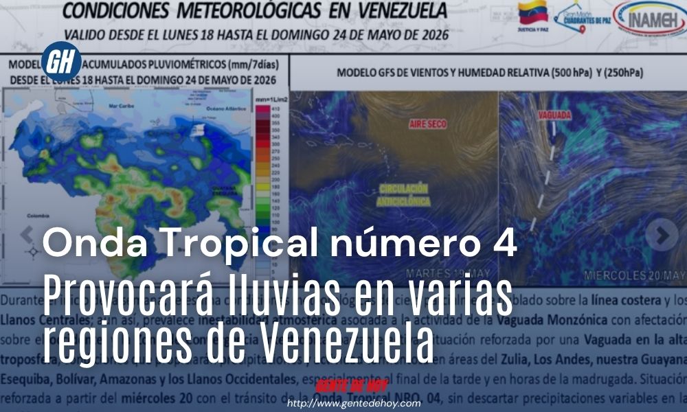 Mapa meteorológico difundido por el Inameh muestra el avance de la Onda Tropical número 4 sobre el territorio venezolano.