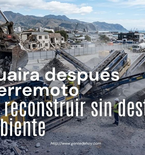 Una planta trituradora de concreto permite transformar escombros en agregados reutilizables para nuevas obras de infraestructura, una tecnología aplicada con éxito en varios países después de grandes terremotos. Foto referencial creada con IA