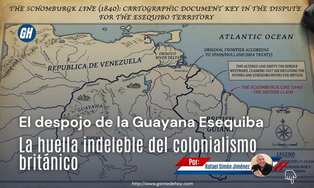 Mapa histórico de la Línea Schomburgk (1840), documento cartográfico clave que alteró las fronteras originales de Venezuela para justificar las ambiciones británicas sobre el territorio esequibo.