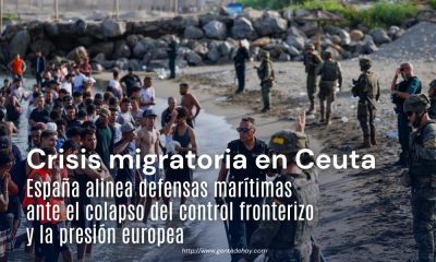 Efectivos militares y de la Guardia Civil despliegan barreras flotantes de contención marítima en las costas de Ceuta tras la llegada masiva de personas