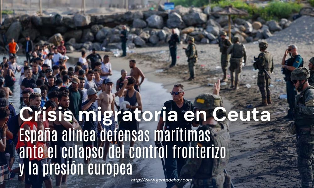 Efectivos militares y de la Guardia Civil despliegan barreras flotantes de contención marítima en las costas de Ceuta tras la llegada masiva de personas